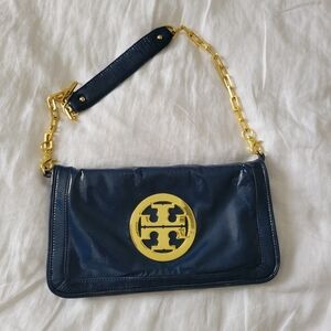 Tory Burch Reva Clutch Blue Gold Flap